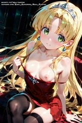 ahoge ai_generated asia_argento blonde_hair female green_eyes hell-pantsu high_school_dxd long_hair nipples red_dress small_breasts solo