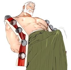 1boy abs areolae bara beard bulge demon doosoo erection erection_under_clothes facial_hair hogen_(tokyo_afterschool_summoners) horn horns human human_only looking_at_viewer male male_only mature_male muscular muscular_male nipples older_male pecs silver_hair simple_background solo solo_male tagme tokyo_afterschool_summoners white_background white_hair