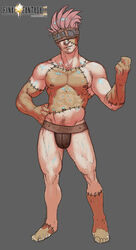 1boy abs bara barefoot belt blank_(ff9) final_fantasy final_fantasy_ix full_body grey_background happy_trail leather_underwear male_only muscle muscular muscular_male pecs pockyrumz red_hair rough_sketch sewn_together simple_coloring solo solo_male standing stiches tagme v-line