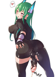 ass bar_censor blush bodysuit breasts combat_s-ko cum ejaculation female fingerless_gloves full-package_futanari futa_only futanari grabbing_own_ass green_hair hair_ornament intersex long_hair open_mouth partially_retracted_foreskin penis pussy_juice red_eyes simple_background sweat testicles torn_bodysuit torn_clothes