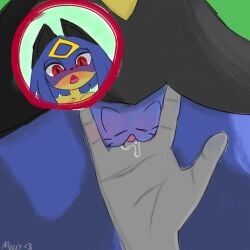 1:1 anthro blue_body blue_fur blush bodily_fluids clothed clothing felid feline female fingering fur genital_fluids genitals hi_res mammal mozzyveevee orgasm orgasm_face pal_(species) palworld partially_clothed pocketpair pussy-cat_(meme) sekhmet_(pal) vaginal vaginal_fingering vaginal_fluids vulva yellow_body yellow_fur