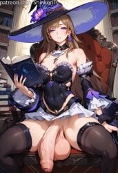 1futa 1futanari ai_generated big_ass big_balls big_butt big_nipples big_penis breasts brown_hair choker earrings erect_nipples flaccid flaccid_penis foreskin futa_only futanari futanari hair herta_(honkai:_star_rail) holding honkai:_star_rail hoyoverse huge_balls huge_cock huge_cock huge_nipples jewelry large_penis long_hair motion_lines navel necklace penis puffy_nipples purple_eyes shinkoritl sitting sitting_on_throne small_breasts solo solo_focus solo_futa spread_legs the_herta_(honkai:_star_rail) toned witch_hat