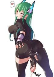 1futa ass balls blush bodysuit breasts clothed clothing cock-tail combat_s-ko cum ejaculation fingerless_gloves full-package_futanari futa_only futanari grabbing_own_ass green_hair hair_ornament intersex long_hair masturbation mostly_clothed open_mouth orgasm partially_retracted_foreskin penis pussy_juice red_eyes rolling_eyes simple_background solo sweat testicles torn_bodysuit torn_clothes uncensored