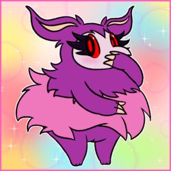 2017 aromatisse blush claws covering_face eyelashes female fur nintendo nishi nude pokemon pokemon_xy purple_fur pussy rainbow_background red_eyes semi-anthro shy simple_background solo sparkles video_games