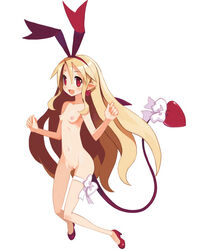 :d blonde_hair blush breasts cute_fang demon_girl demon_tail demon_wings disgaea disgaea_d2 earrings female flat_chest flonne flonne_(fallen_angel) full_body hair_ornament hair_ribbon harada_takehito high_heels jewelry leg_ribbon long_hair looking_at_viewer naked_footwear navel nipples nippon_ichi_software nude open_mouth photoshop pointy_ears pussy red_eyes ribbon shoes simple_background smile solo tail tail_ribbon uncensored white_background wings