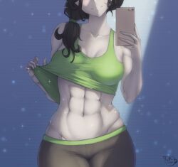 1girls abs black_hair blush coffeeslice grey_skin holding_phone messy_hair selfie shirt_lift wii_fit_trainer