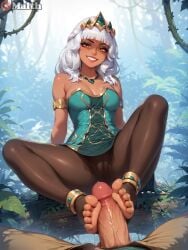 1boy 1girls ai_generated bangs blush dress feet foot_fetish footjob green_eyeshadow half-closed_eyes highres hime_cut jewelry jungle jungle_girl large_penis league_of_legends makeup male malth medium_breasts necklace outdoors pantyhose penis pov qiyana_yunalai riot_games shaded_face sitting smile smirk smug_face spread_legs thick_thighs tiara toeless_legwear toes vines white_hair yellow_eyes