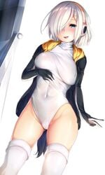 blue_eyes breasts cameltoe commentary_request cosplay covered_navel emperor_penguin_(kemono_friends) emperor_penguin_(kemono_friends)_(cosplay) female hair_ornament hair_over_one_eye hairclip hamakaze_(kantai_collection) headphones highleg highleg_leotard highres hood hoodie kantai_collection kemono_friends large_breasts leotard looking_at_viewer mirror nironiro short_hair silver_hair simple_background smile solo standing thighhighs v white_background white_legwear white_leotard