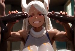 ai_generated boku_no_hero_academia bunny_girl double_handjob eternalpose imminent_oral large_penis mirko miruko mmf_threesome my_hero_academia patreon pixiv smiling_at_viewer threesome