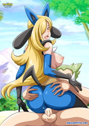 1boy 1girls blonde_hair cosplay cowgirl_position cynthia_(pokemon) dat_ass female game_freak green_hair hand_on_ass lawrence_iii looking_at_viewer lucario_(cosplay) male nintendo outdoors palcomix penetration pokemon pokemon_(cosplay) pokemon_champion pokepornlive