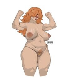 armpit_hair armpits big_breasts big_butt chubby_female clash_royale muscular muscular_female pubic_hair rune_giant_(clash_royale) sagging_breasts sweat sweatdrop thick_thighs unum