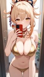 1girls ai_generated arm_tattoo bangs big_ass big_breasts big_butt bikini blonde_female blonde_hair genshin_impact gold_bikini hair_ornament high_resolution highres hoyoverse jasse mirror mirror_selfie tagme thighs yoimiya_(genshin_impact)