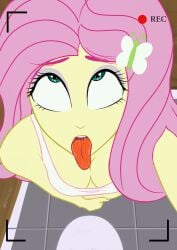 ahe_gao ahegao_face bathroom breasts equestria_girls fluttershy_(eg) fluttershy_(mlp) green_eyes my_little_pony neckline pink_hair public_bathroom saliva selfie shy toilet tongue tongue_out white_shirt white_tank_top yellow_body