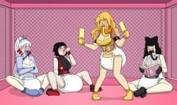 34qucker 4girls baby_bottle baby_rattle black_hair blake_belladonna blonde_hair blush book booty brainwashed brainwashing breasts dancing diaper diapered mittens no_skirt pacifier play_pen pouting rattle ruby_rose rwby sisters sitting tagme team_rwby weiss_schnee white_hair yang_xiao_long