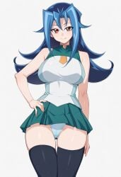 ai_generated blue_hair duelistmuser edit female huge_breasts kamishiro_rio legwear long_hair panties red_eyes rio_kamishiro school_uniform skirt smile solo thigh_highs underwear white_background yu-gi-oh! yu-gi-oh!_zexal