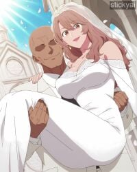 1boy 1girls ai_generated anime_style bride brown_hair carrying dark-skinned_male lifting_person oshi_no_ko princess_carry saitou_miyako stickyai wedding_dress wedding_veil