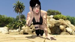 alex_domino black_hair choker cleavage female glasses goth_girl nopixel outside painted_nails ponytail tattoo tattoos