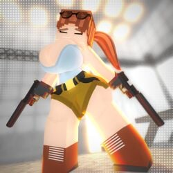 1female 1girls 3d belt boots brown_hair cheyenne_quinn closed_eyes clothed clothed_female clothing cuteskyler glasses guns huge_breasts lara_croft lara_croft_(classic) lara_croft_(cosplay) mine-imator minecraft pants ponytail solo solo_female