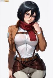 ai_generated artist_name attack_on_titan bangs belt black_hair blush bra breasts brown_jacket closed_mouth cowboy_shot emblem female grey_eyes hair_between_eyes hand_up high_resolution highres jacket large_breasts lips long_sleeves looking_at_viewer medium_breasts mikasa_ackerman open_clothes open_jacket pants paradis_military_uniform red_scarf scarf see-through shirt short_hair simple_background solo stable_diffusion survey_corps_(emblem) thigh_gap waifuscans418 white_background white_pants white_shirt