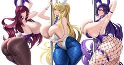3girls arm_up armpits artoria_pendragon artoria_pendragon_(swimsuit_ruler) ass ass_focus big_ass big_breasts bottom_heavy breasts brown_hair brunette_hair bubble_butt bunnysuit busty cleavage clothing fat_ass fate/grand_order fate_(series) female female_only fishnet_legwear fishnets gigantic_breasts hand_behind_head huge_ass huge_breasts large_ass large_breasts light-skinned_female light_skin long_hair looking_at_viewer looking_back luunamito minamoto_no_raikou_(fate/grand_order) multiple_females multiple_girls no_bra png pole purple_bunnysuit purple_hair red_eyes scathach_(fate) sideboob stripper_pole take_your_pick thick_ass thick_thighs thunder_thighs white_bunnysuit wide_hips