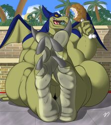 3_toes anthro balls claws dirty_feet dragon dragon_ball dragon_ball_z feet food foot_focus giran horn looking_at_viewer male male_only nude outside paws sharp_teeth sitting slightly_chubby solo teeth toes wings zp92