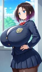 1girls ai_generated big_breasts black_hair blue_eyes breasts_bigger_than_head dragon_maid elma_(dragon_maid) enormous_breasts ftggtgg gigantic_breasts gradient_hair huge_ass huge_breasts hyper_breasts large_breasts massive_breasts miss_kobayashi's_dragon_maid purple_hair school school_uniform schoolgirl schoolgirl_uniform short_hair smile solo solo_female solo_focus student thick_thighs voluptuous voluptuous_female