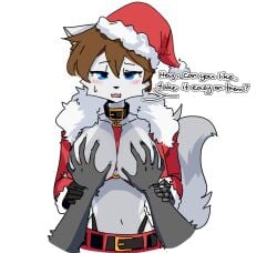 ambiguous_gender anthro belt blue_eyes blush blush_lines bodily_fluids breasts brown_hair canid canine choker christmas christmas_clothing christmas_headwear clothing dialogue duo exposed_breasts female furry_female gloves hair handwear headgear headwear hi_res holidays jewelry looking_at_viewer mammal midriff necklace offscreen_character prosthetic prosthetic_arm prosthetic_limb short_hair spar_lamarca sparxel sweat sweatdrop tail touching_breast