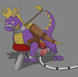 anthro bondage bound cropped dragon gag gagged handcuffed male malesub penis penis_milking raised spreader_bar spreading spyro spyro_the_dragon tail_bondage video_games