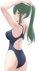 adjusting_hair armpits arms_up ass back bare_arms bare_shoulders blush body_blush breasts brown_eyes camui1104 crusch_karsten green_hair long_hair medium_breasts one_piece_swimsuit parted_lips ponytail re:zero_kara_hajimeru_isekai_seikatsu shiny_skin shoulder_blades swimsuit thighs