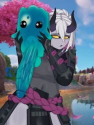 armor black_lipstick confusedsabron demon_girl embarrassed fortnite fortnite:_battle_royale grey_skin horns huge_cock looking_away night_rose no_pants samurai small_but_hung tactical_night_rose veiny_penis water_sprite_(fortnite) white_hair