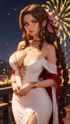 0assult0 aerith_gainsborough ai_generated balcony bare_shoulders beautiful_background beautiful_females bracelets breasts brown_hair celebration chocker city_background cleavage crystal curled_tail earrings elegant fancy_clothing final_fantasy final_fantasy_vii fireworks flower flower_in_hair gold_(metal) gold_necklace green_eyes happy_new_year necklace new_year night_sky off_shoulder off_shoulder_dress rpg smiling_at_viewer video_game_franchise video_games white_dress young_woman