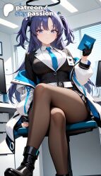 1girls 2026 ai_assisted ai_generated anime artist_name black_gloves blue_archive blue_eyes breasts bust computer crossed_legs desk explicit gloves hayase_yuuka hi_res high_quality high_resolution highres long_hair monitor necktie off_shoulder patreon patreon_username sitting skypassion solo stable_diffusion watermark yuuka_(blue_archive)