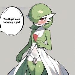 ai_generated belly_button blush chastity_cage embarrassed eyebrow_through_hair femboy feminization forced_feminization gardevoir girly green_hair green_skin green_stockings latex_stockings male_gardevoir pokemon_(species) red_eyes small_penis sweating text_bubble white_balls white_skin word_bubble