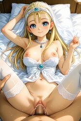 ai_generated blonde_hair dragon_quest dragon_quest_xi missionary_position omega-weirdo serena_(dq11) sex square_enix stockings thighhighs wedding_dress