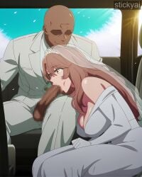 ai_generated anime_style brown_hair car_interior dark-skinned_male fellatio large_penis on_knees oshi_no_ko saitou_miyako sitting stickyai wedding_dress wedding_veil