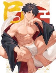 1boy abs ass_visible_through_thighs biceps big_areola big_bulge big_eyes black_hair bulge bulge_through_clothing collarbone crouching erect_nipples eyelashes feet fundoshi gay hand_on_chin hi_res humanoid japanese_clothes kanji looking_at_viewer looking_down male male_only manly mature_male muscles muscular muscular_arms muscular_legs muscular_male muscular_thighs navel nayoshi_(r-744) neutral_expression open_clothes orange_eyes original original_character pecs pointy_chin rokushaku_fundoshi scales shadow short_hair six_pack slit_pupils snake_humanoid snake_tail solo spread_legs squatting toes topless veiny_arms white_border white_fundoshi yaoi year_of_the_snake young