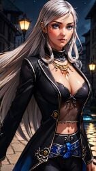 0assult0 ai_generated alien alien_girl babe beautiful beautiful_females big_breasts black_pants black_vest blue_eyes blue_sash breasts buildings chocker city city_background cleavage divine_beauty female female_focus fighting_game goddess gold_necklace jewelry king_of_fighters king_of_fighters_maximum_impact looking_at_viewer luise_meyrink midriff night sash see-through_shirt see_through_clothing snk street vest video_game_character video_game_franchise video_games voluptuous voluptuous_female white_hair