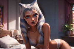 1girls ahsoka_tano ai_generated alien artist_name bed bedroom blue_eyes blurry bra breasts cleavage clone_wars collarbone colored_skin face_markings hi_res humanoid indoors jedi lips looking_at_viewer lucasfilm markings medium_breasts montrals on_bed orange_skin panties patreon_username pillow progenarts purple_lips solo star_wars star_wars_rebels tattoo tentacle_hair togruta underwear underwear_only web_address white_hair window