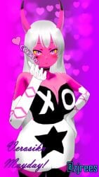 <3 1girls 3d black_and_white_clothing blowing_kiss blush demon demon_girl demon_horns female pink_body pink_eyes pink_skin solo solo_female succubus text verosika_mayday verosika_mayday_(helluva_boss) vj_z_jrees white_hair