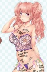 body_writing candace_crush fishnets huniepop huniepop_2 pink_eyes pink_hair