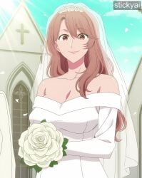 1girls ai_generated anime_style bride brown_hair oshi_no_ko saitou_miyako stickyai wedding_dress wedding_veil