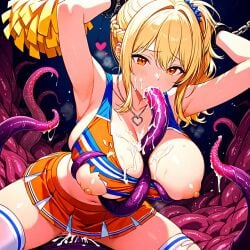 1girls ai_generated blonde_hair blowjob boobjob chained chains cheerleader cheerleader_outfit cheerleader_uniform cum cum_on_breasts fellatio hair hair_ornament idol long_hair love_live! love_live!_nijigasaki_high_school_idol_club miyashita_ai oral orange_eyes paizuri pom_poms restrained ripped_clothing tentacle titjob vaginal_penetration