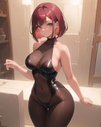 1girls 2023 ai_generated ai_hands anime_nose clothed_female curvy large_breasts red_hair short_hair stable_diffusion thick_thighs undercolor_(hair)