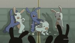 ambiguous_gender anal anthro ass bodily_fluids bronzebadger bruised cum cum_on_body cum_on_butt doggy_style duo ear_pull ears_back exhibitionism fight from_behind_position genital_fluids group hi_res lagomorph male male/male mammal onomatopoeia open_mouth orgasm orgasm_face pivoted_ears public public_sex rabbid rabbids_invasion_(series) raving_rabbids rayman_(series) rough_sex sex simple_background sound_effects sweat text thrusting ubisoft