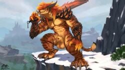 2025 4_horns animal_genitalia anthro armor balls biped bodily_fluids brown_body brown_fur charr claws clothing detailed_background digital_media_(artwork) digitigrade dripping felid finger_claws fur gauntlets genital_fluids genitals gloves guild_wars hair handwear holding_melee_weapon holding_object holding_sword holding_weapon horn looking_at_viewer male male_anthro mammal melee_weapon multi_horn orange_hair outside pauldron paws penis penis_tip precum precum_drip sheath smile smiling_at_viewer solo striped_body striped_fur stripes sword tail tail_tuft tan_body tan_fur toe_claws tuft unconvincing_armor weapon zephyxus