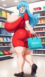 1girls ai_generated big_breasts blue_eyes blue_hair breasts_bigger_than_head dragon_ball dragon_ball_super dragon_ball_z dress enormous_breasts ftggtgg gigantic_breasts huge_ass huge_breasts hyper_breasts large_breasts maron massive_breasts shop shopping shopping_bag solo solo_female solo_focus thick_thighs voluptuous voluptuous_female