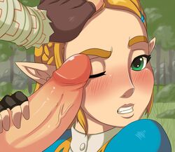 1boy 1boy1girl 1girls blonde_hair blue_eyes blush braid breath_of_the_wild champion's_tunic erection face facial female fingerless_gloves hairclip hand_on_another's_head hylian large_penis link link_(breath_of_the_wild) lips looking_at_viewer nintendo nose one_eye_closed penis penis_on_face pink_lips pointy_ears poking princess_zelda sandyrex straight teeth the_legend_of_zelda thick_eyebrows tied_hair uncensored zelda_(breath_of_the_wild)