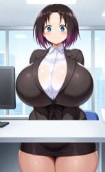 1girls ai_generated big_breasts black_hair blue_eyes breasts_bigger_than_head dragon_maid elma_(dragon_maid) enormous_breasts ftggtgg gigantic_breasts gradient_hair huge_ass huge_breasts hyper_breasts large_breasts massive_breasts miniskirt miss_kobayashi's_dragon_maid office office_lady purple_hair short_hair smile solo solo_female solo_focus thick_thighs voluptuous voluptuous_female