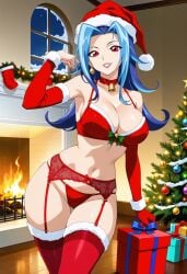 ai_generated blue_hair bra christmas collar earrings female hi_res huge_breasts indoors jewelry kamishiro_rio legwear lingerie lipstick loadred10 long_hair looking_at_viewer mature_female milf navel red_eyes rio_kamishiro santa_costume seductive smile solo thighhighs yu-gi-oh! yu-gi-oh!_zexal