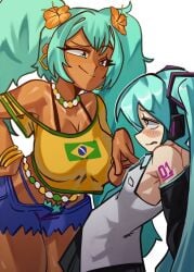 bigger_female brazilian_miku hatsune_miku height_difference looking_down moxydrawsmore shorts size_difference smaller_female tall_female taller_girl tan_body tank_top tanline